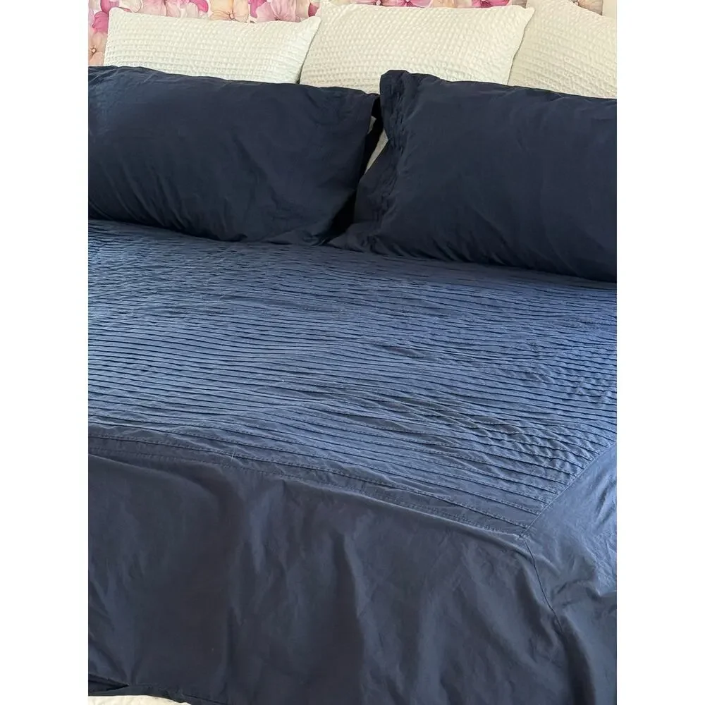 IKEA Alvine Stra Navy Blue Pleated Duvet Cover Set F/Q Cotton 3 Piece 94x80 READ